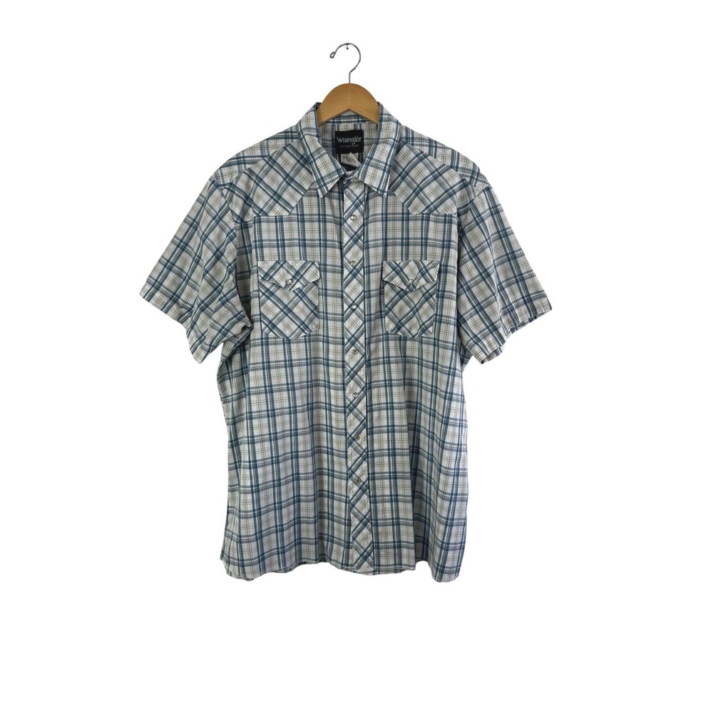 Wrangler Western Shirt Mens 2XT Blue White Plaid Pearl Snap Short Sleeve Cowboy
